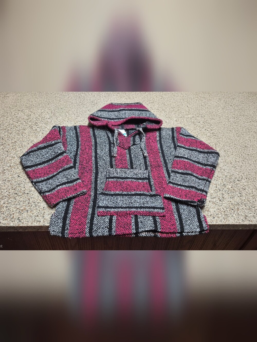 La Malinche Mexican Baja Hoodie Jerga Pullover S Pink Black Gray Striped Poncho